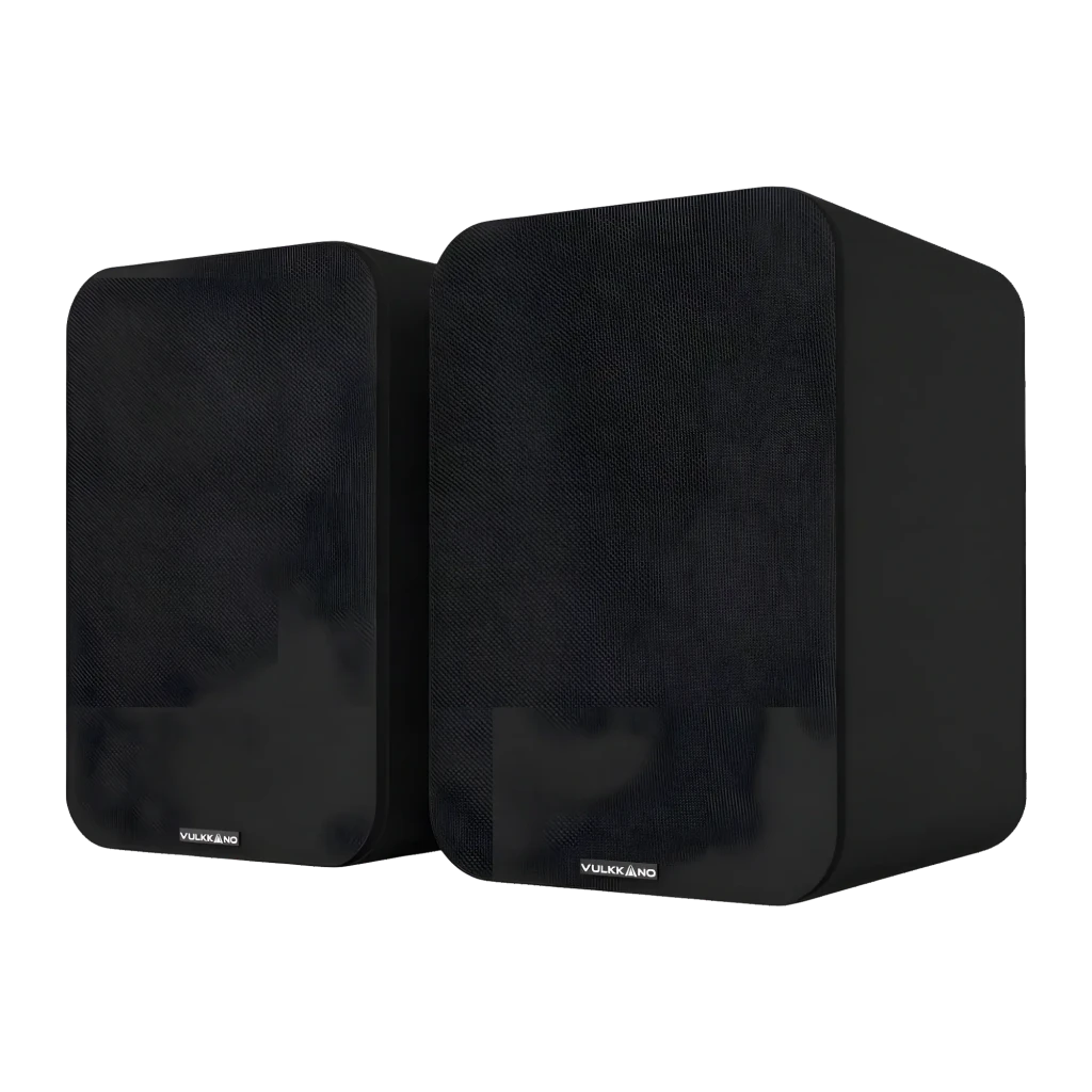 Vulkkano A4 ARC MKII negro, vista principal: altavoces 2.0 en ángulo, altavoz con rejilla de tela y mando a distancia - Ítem5