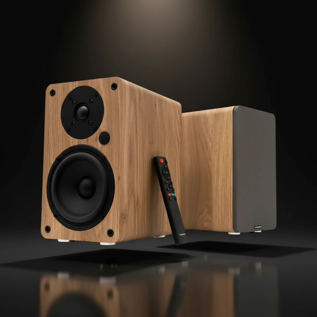 Vulkkano A4 ARC MKII Nogal, vista frontal con mando: altavoz principal con drivers expuestos y mando a distancia apoyado - Ítem5