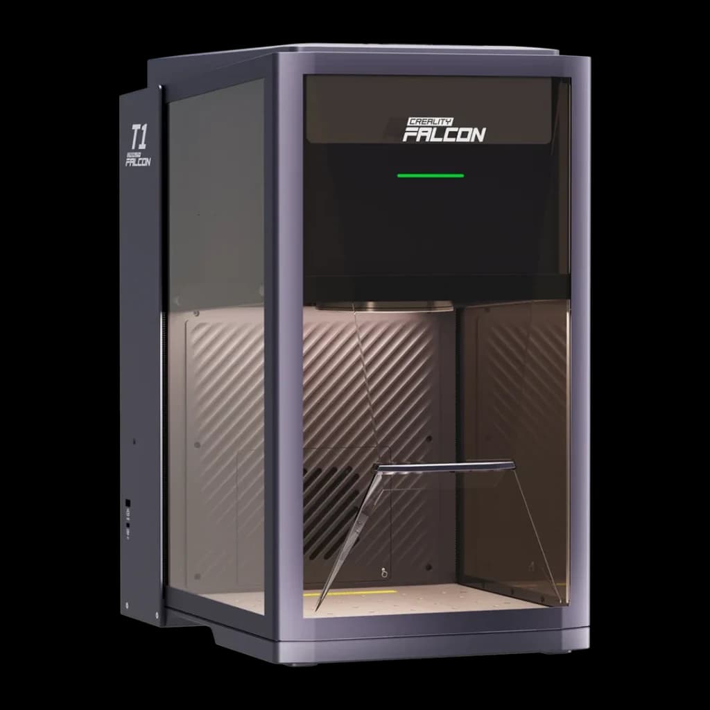 Gravador Laser Creality Falcon T1 40W Díodo, vista em ângulo: carcaça fechada com painel transparente, interior iluminado