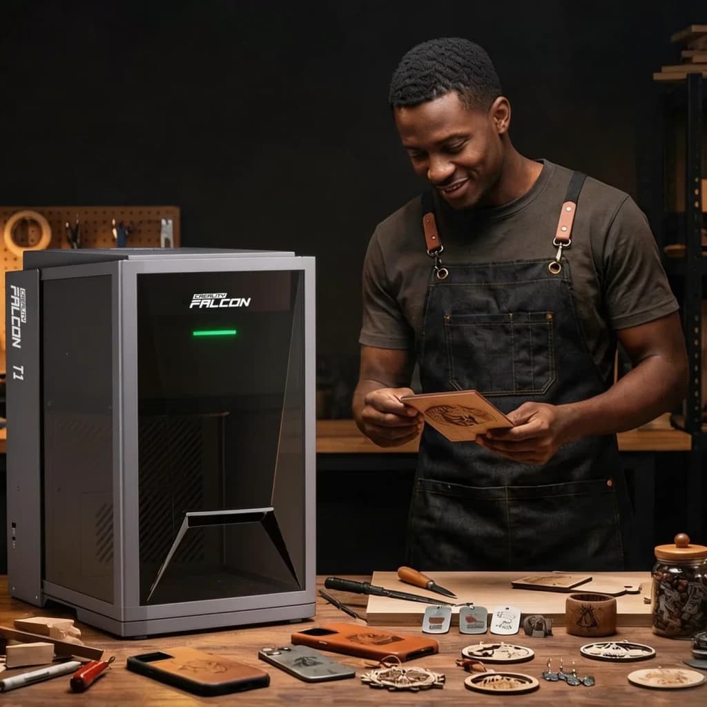 Gravador Laser Creality Falcon T1 40W Díodo em oficina, artesão inspeciona peça gravada em madeira ao lado da máquina ligada