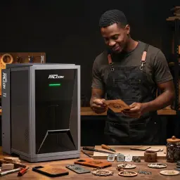 Gravador Laser Creality Falcon T1 40W Díodo em oficina, artesão inspeciona peça gravada em madeira ao lado da máquina ligada