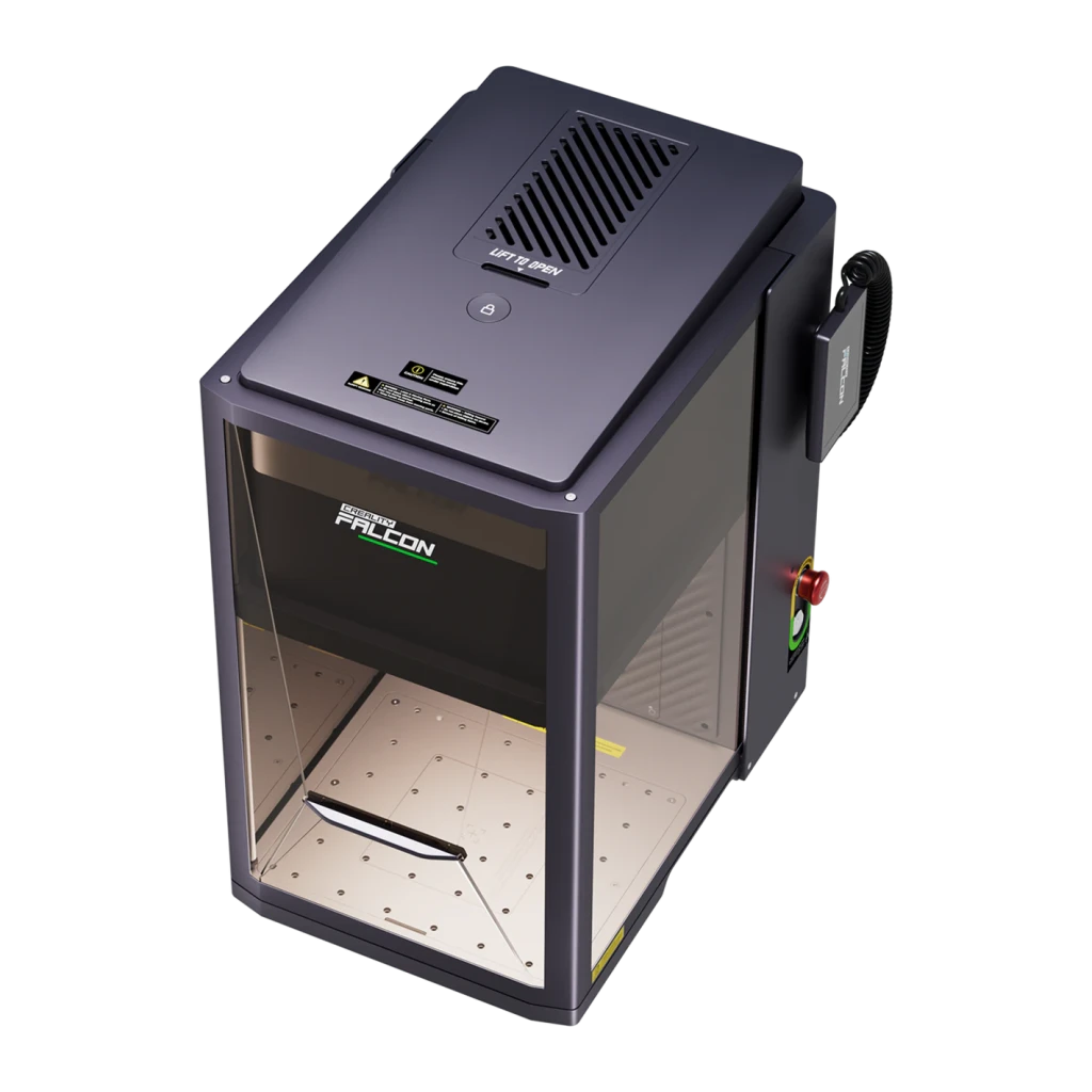 Gravador Laser Creality Falcon T1 40W Díodo, vista isométrica: gabinete fechado com tampa superior, interior iluminado
