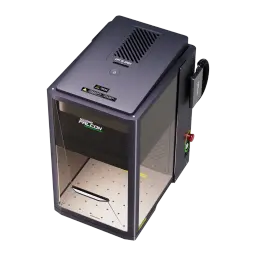 Gravador Laser Creality Falcon T1 40W Díodo, vista isométrica: gabinete fechado com tampa superior, interior iluminado