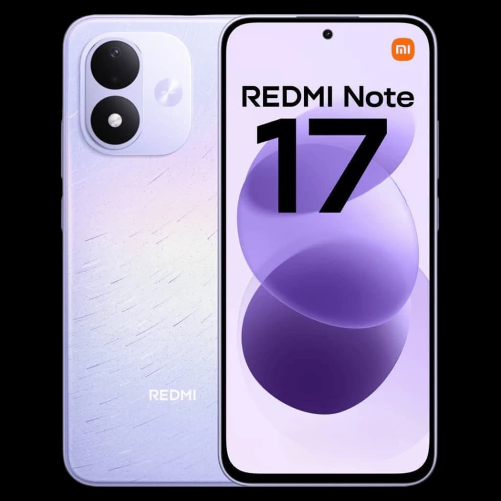 Xiaomi Redmi Note 17 4G violet céleste, écran percé bord à bord, module photo double large, dos scintillant dégradé, logo Redmi discret en bas