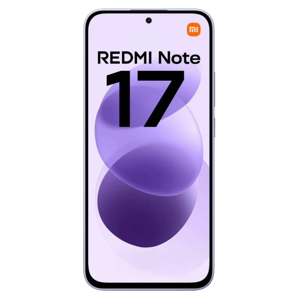 Xiaomi Redmi Note 17 4G violet céleste, écran percé bord à bord, module photo double large, dos scintillant dégradé, logo Redmi discret en bas - Ítem1