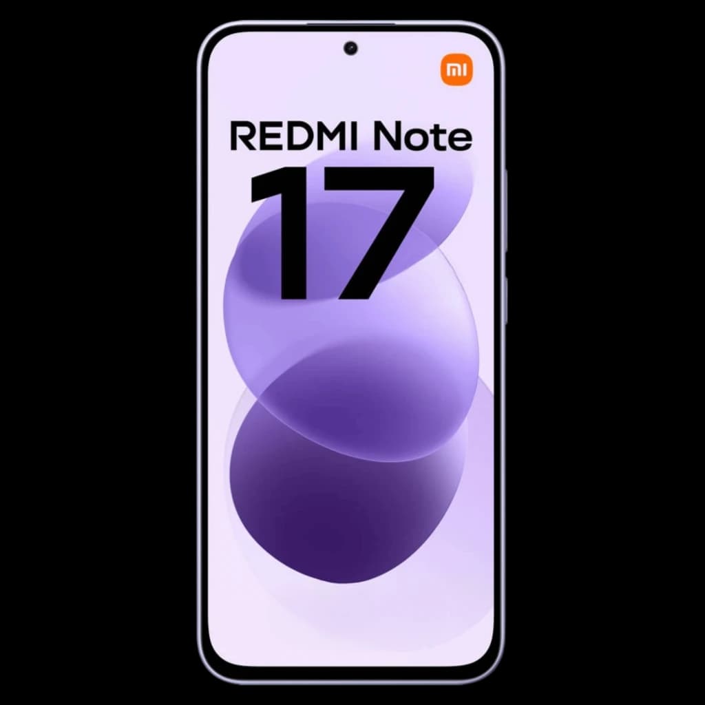 Écran bord à bord avec poinçon centré, affichage violet Redmi Note 17. Design fin, bords arrondis, logo MI en haut. Couleur Celestial Purple.