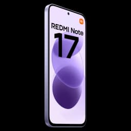 Xiaomi Redmi Note 17 4G violet céleste, écran bord à bord avec poinçon central, bords plats argentés, design fin et moderne, texte REDMI Note 17 en façade