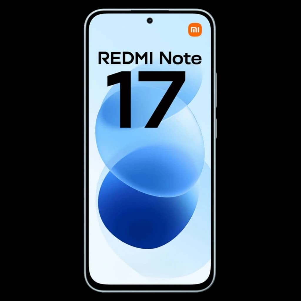 Xiaomi Redmi Note 17 4G Sky Teal avec écran bord à bord perforé, façade bleue minimaliste, texte REDMI Note 17 au centre, bords fins élégants