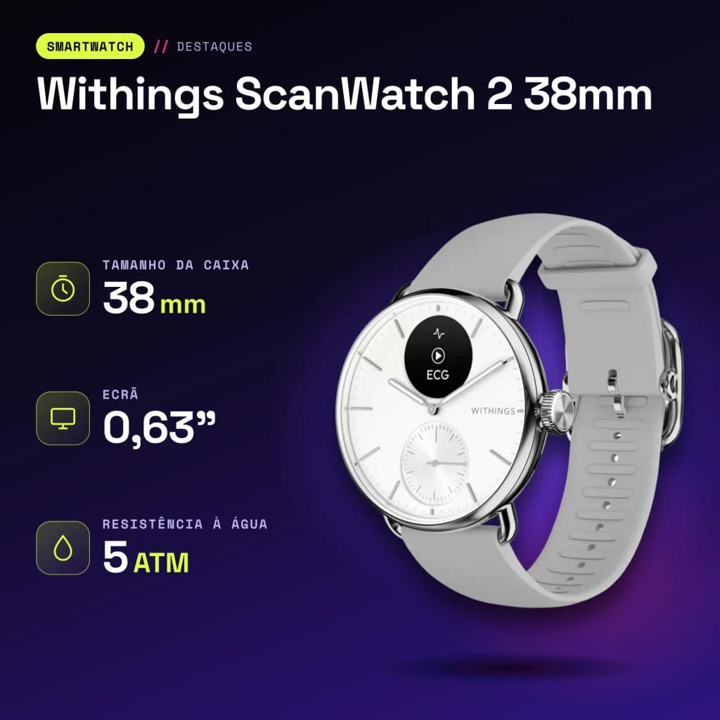 Withings ScanWatch 2 38mm Blanco FC, SpO2, Altímetro - características
