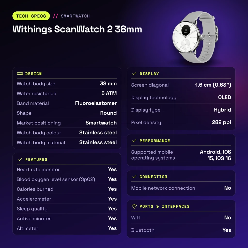 Withings ScanWatch 2 38mm Blanco FC, SpO2, Altímetro - características