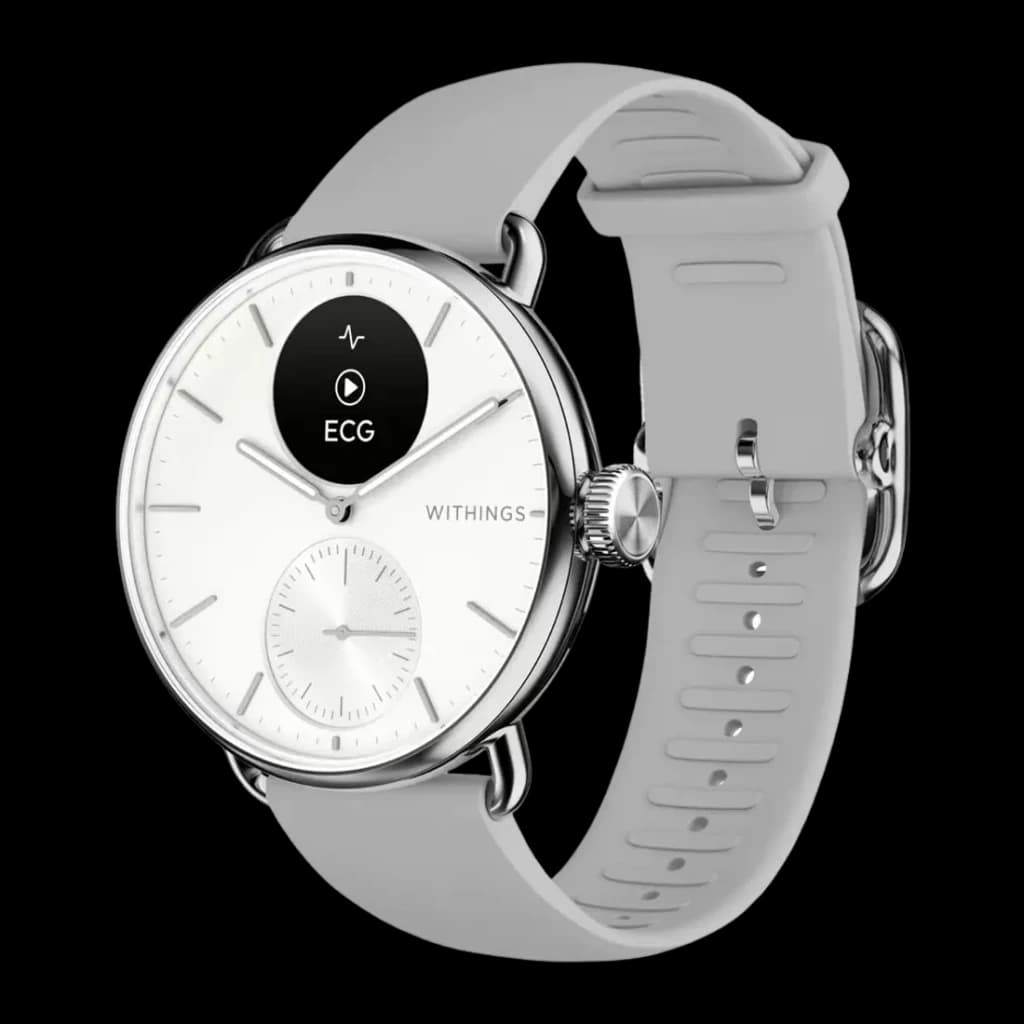 Withings ScanWatch 2 38mm Blanco FC, SpO2, Altímetro, vista frontal 3/4: esfera blanca con pantalla ECG, correa gris