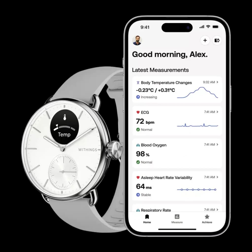 Withings ScanWatch 2 38mm Blanco FC, SpO2, Altímetro, con app: reloj mostrando Temp junto a iPhone con métricas de salud
