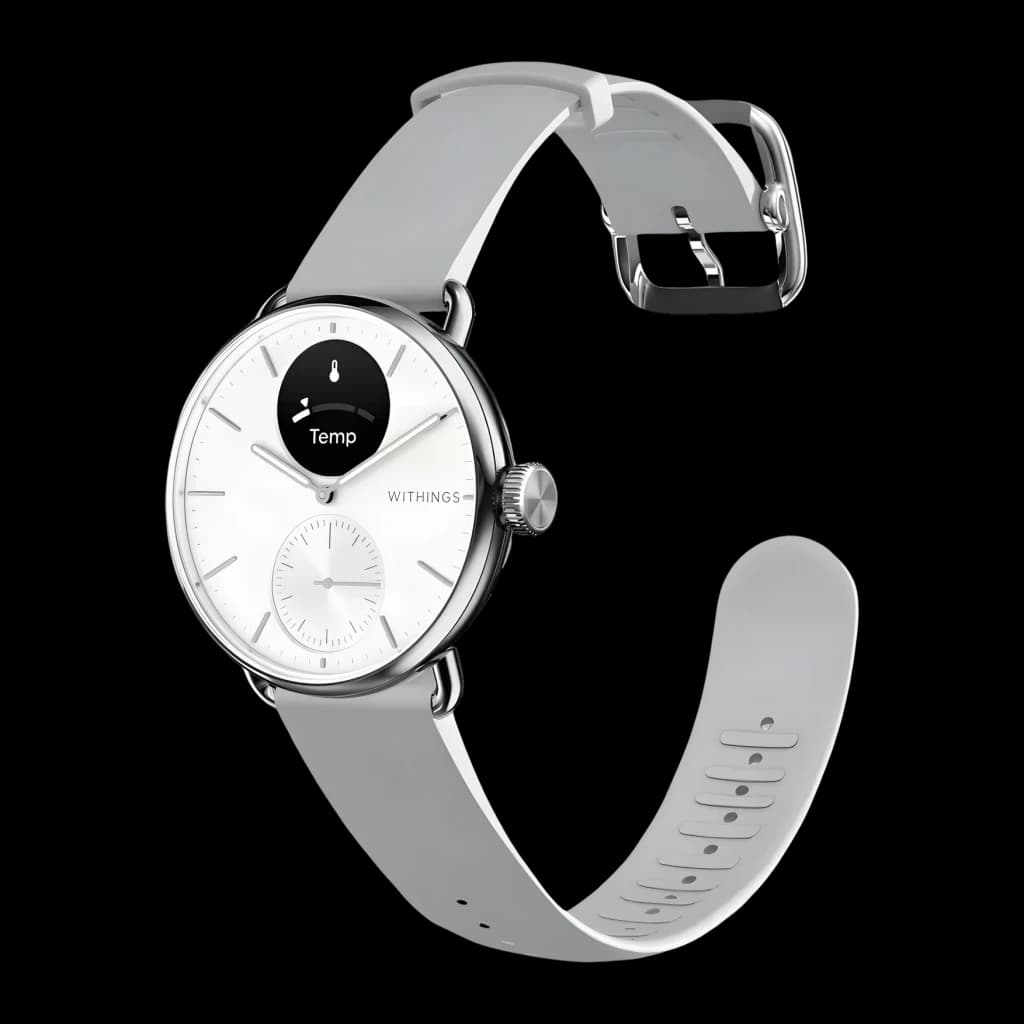 Withings ScanWatch 2 38mm Blanco FC, SpO2, Altímetro, vista frontal en ángulo: esfera blanca con pantalla Temp y correa gris