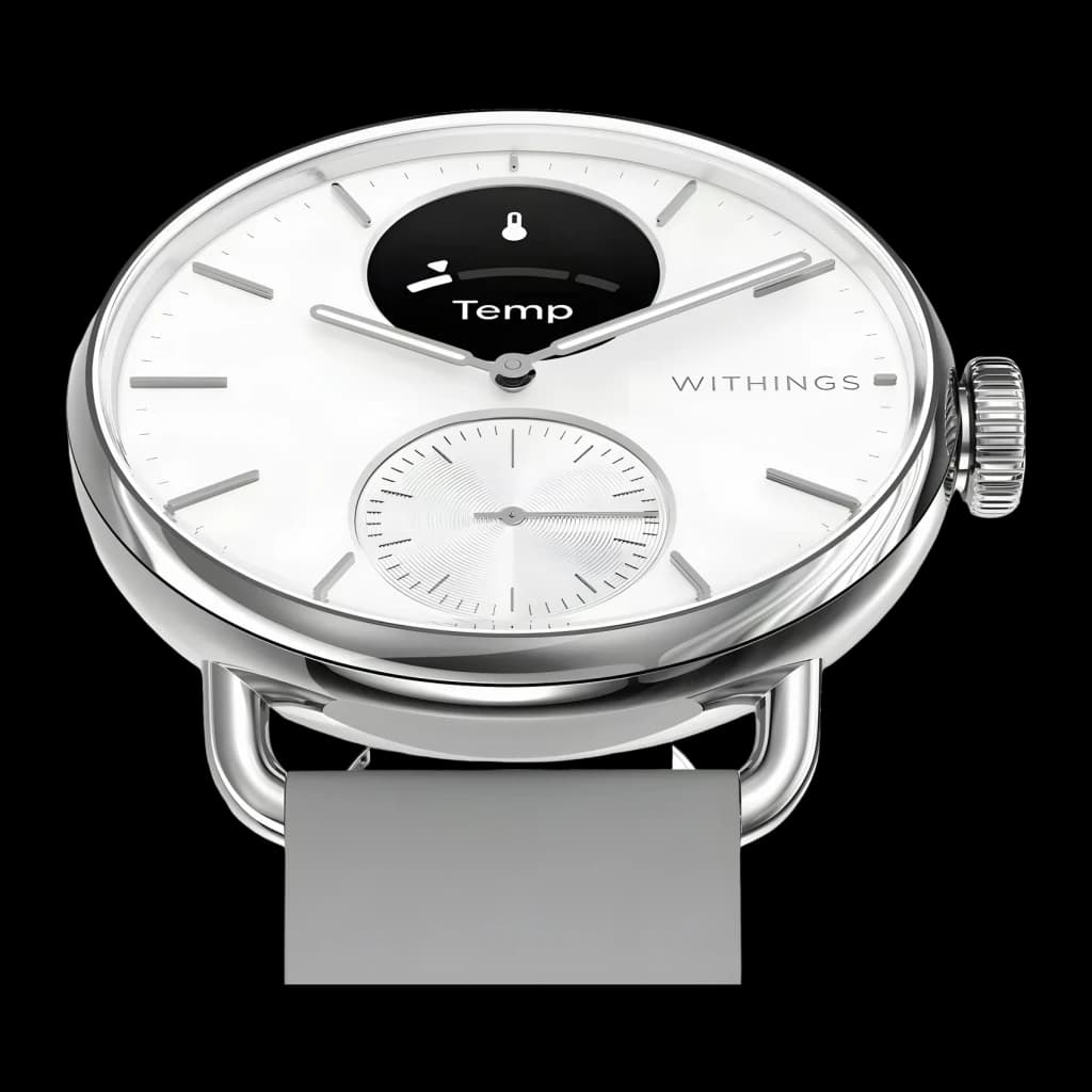 Withings ScanWatch 2 38mm Blanco FC, SpO2, Altímetro, frontal: pantalla OLED mostrando Temp, esfera blanca y correa gris