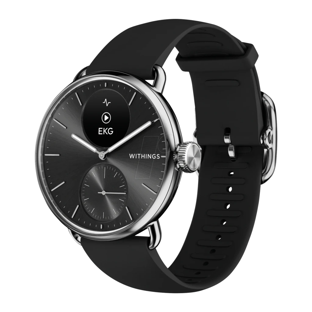 Withings ScanWatch 2 38mm Preto Frequência Cardíaca SpO2, vista frontal em ângulo: mostrador híbrido com ecrã EKG, coroa