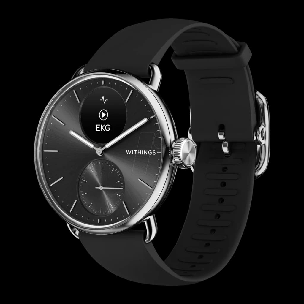 Withings ScanWatch 2 38mm Preto Frequência Cardíaca SpO2, vista frontal em ângulo: mostrador híbrido com ecrã EKG, coroa