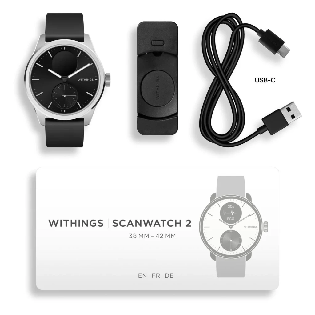Withings ScanWatch 2 38mm Preto Frequência Cardíaca SpO2, conteúdo da caixa: relógio, carregador magnético, cabo USB-C