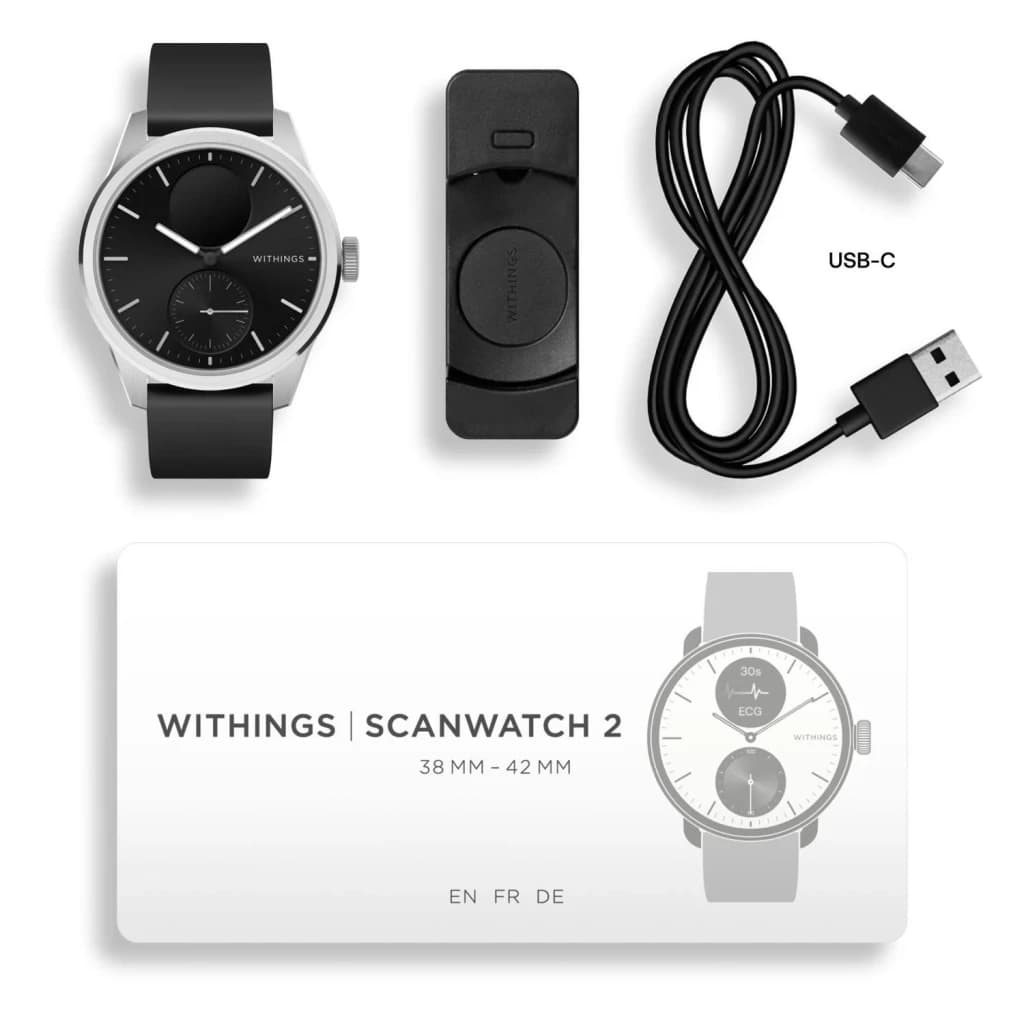 Withings ScanWatch 2 38mm Preto Frequência Cardíaca SpO2, conteúdo da caixa: relógio, carregador magnético, cabo USB-C