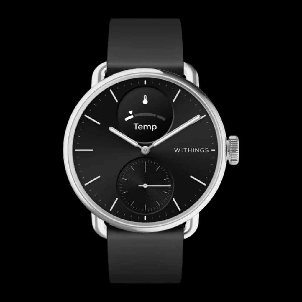 Withings ScanWatch 2 38mm Preto Frequência Cardíaca SpO2, frontal: mostrador preto com subdial Temp, caixa prateada