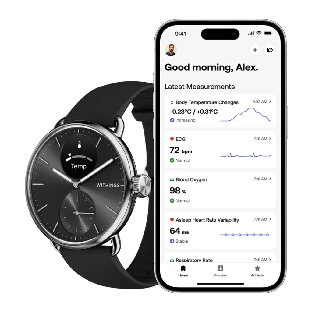 Withings ScanWatch 2 38mm Preto Frequência Cardíaca SpO2, app: relógio ao lado de iPhone com métricas ECG, SpO2 e temperatura
