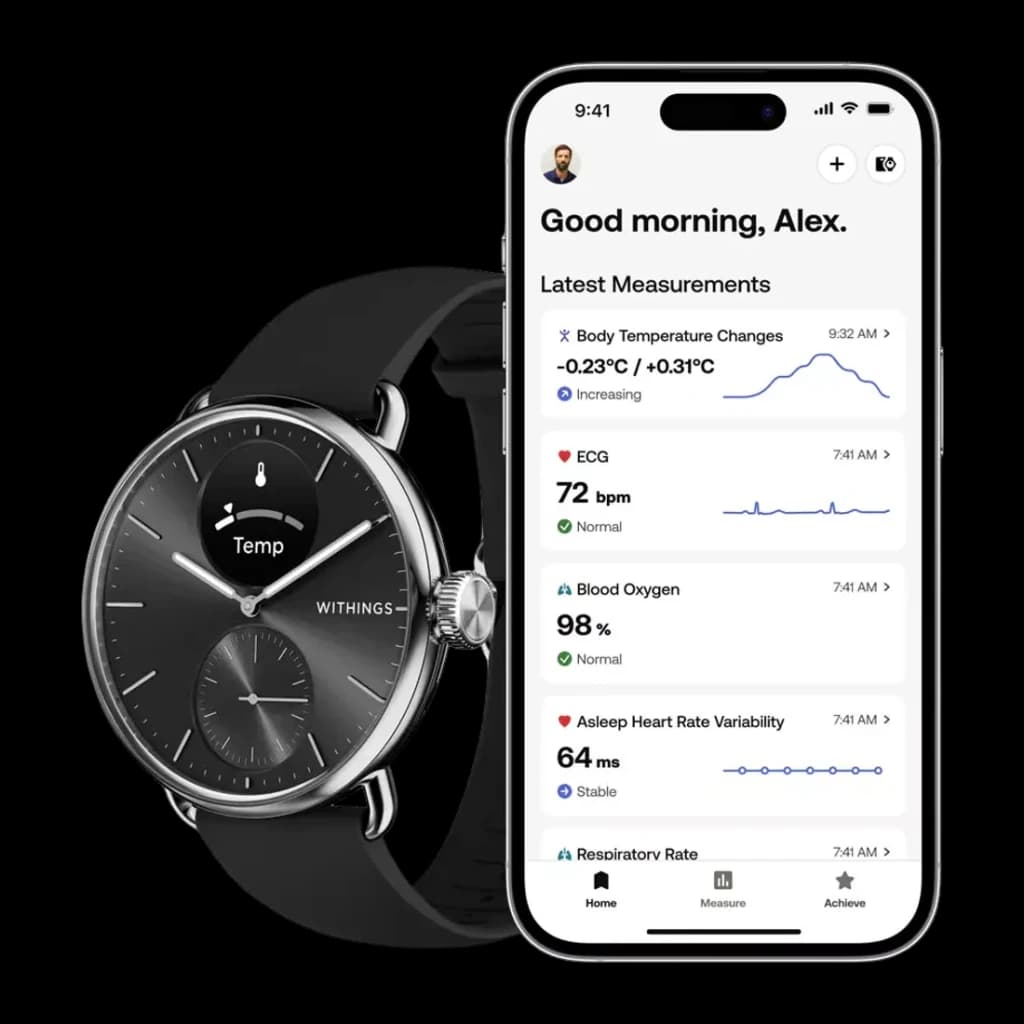 Withings ScanWatch 2 38mm Preto Frequência Cardíaca SpO2, app: relógio ao lado de iPhone com métricas ECG, SpO2 e temperatura
