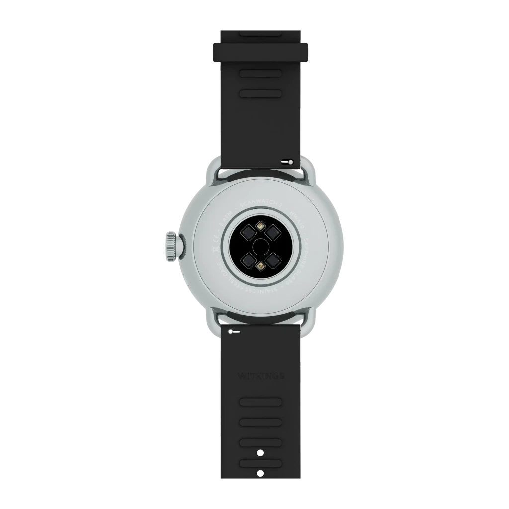 Withings ScanWatch 2 38mm Preto Frequência Cardíaca SpO2, vista traseira: sensor óptico SpO2 e bracelete preto