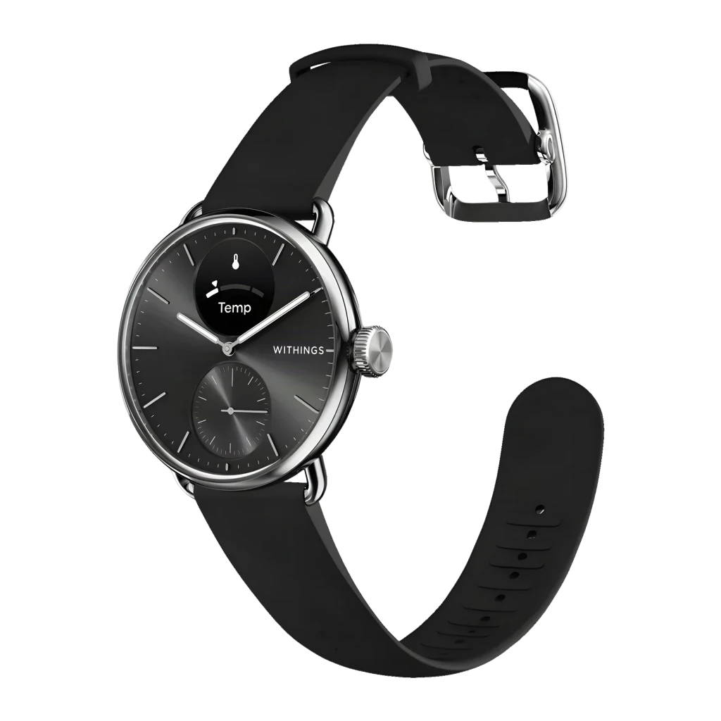 Withings ScanWatch 2 38mm Preto Frequência Cardíaca SpO2, vista frontal em ângulo: mostrador cinza com subdial Temp
