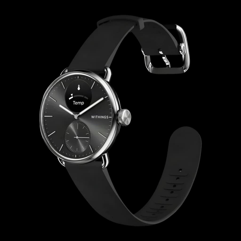 Withings ScanWatch 2 38mm Preto Frequência Cardíaca SpO2, vista frontal em ângulo: mostrador cinza com subdial Temp