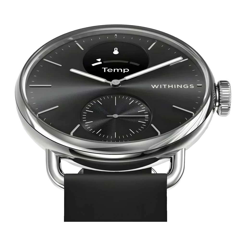 Withings ScanWatch 2 38mm Preto Frequência Cardíaca SpO2, vista frontal em ângulo: mostrador preto com ecrã Temp, subdial