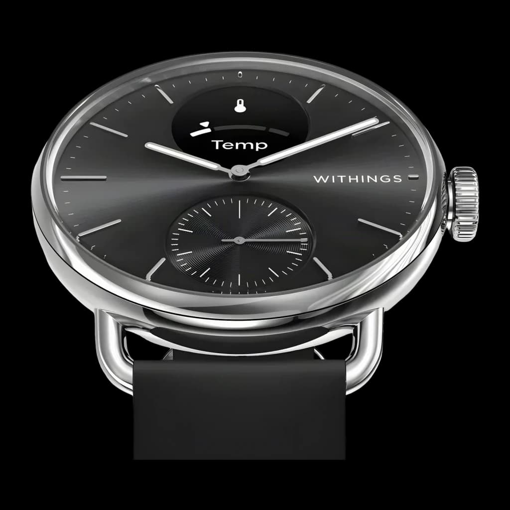 Withings ScanWatch 2 38mm Preto Frequência Cardíaca SpO2, vista frontal em ângulo: mostrador preto com ecrã Temp, subdial