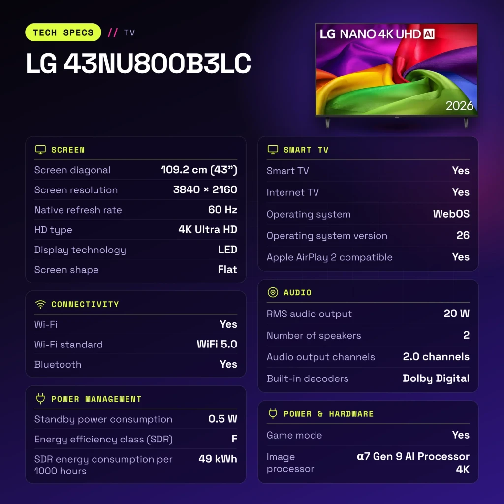 TV LG 43 pulgadas NanoCell LED 4K WebOS 26 Negro 43NU800B3LC - características