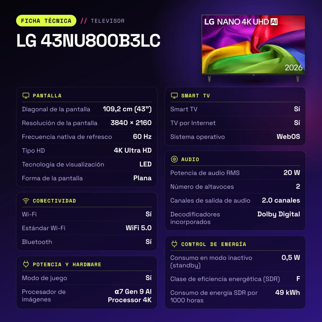TV LG 43 pulgadas NanoCell LED 4K WebOS 26 Negro 43NU800B3LC - características