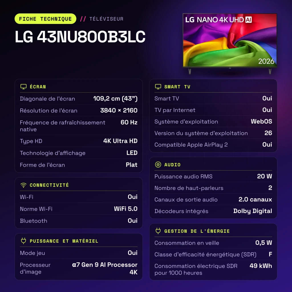 TV LG 43 pulgadas NanoCell LED 4K WebOS 26 Negro 43NU800B3LC - características