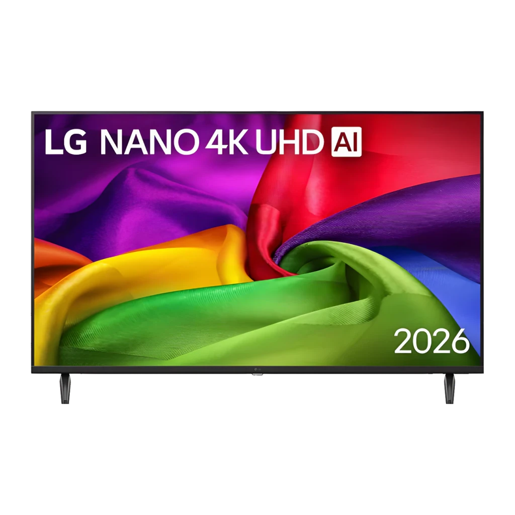 TV LG 43 pulgadas NanoCell LED 4K WebOS 26 Negro 43NU800B3LC, vista frontal: pantalla con telas coloridas, marco fino