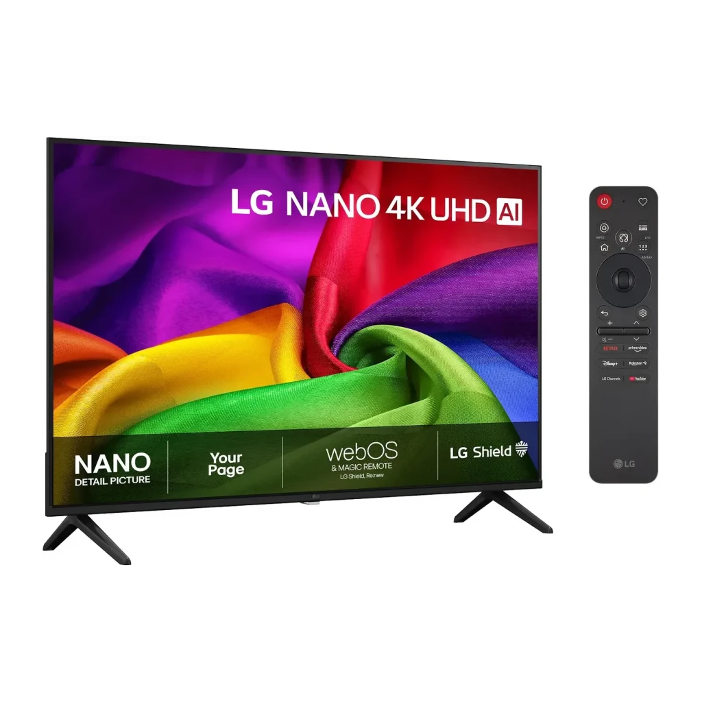 TV LG 43 pulgadas NanoCell LED 4K WebOS 26 Negro 43NU800B3LC, vista frontal en ángulo con mando a distancia