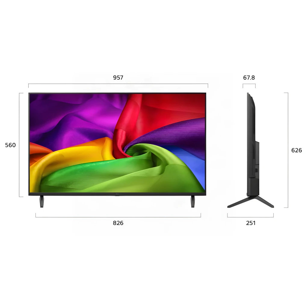 TV LG 43 pulgadas NanoCell LED 4K WebOS 26 Negro 43NU800B3LC, dimensiones: vistas frontal y lateral con medidas en mm