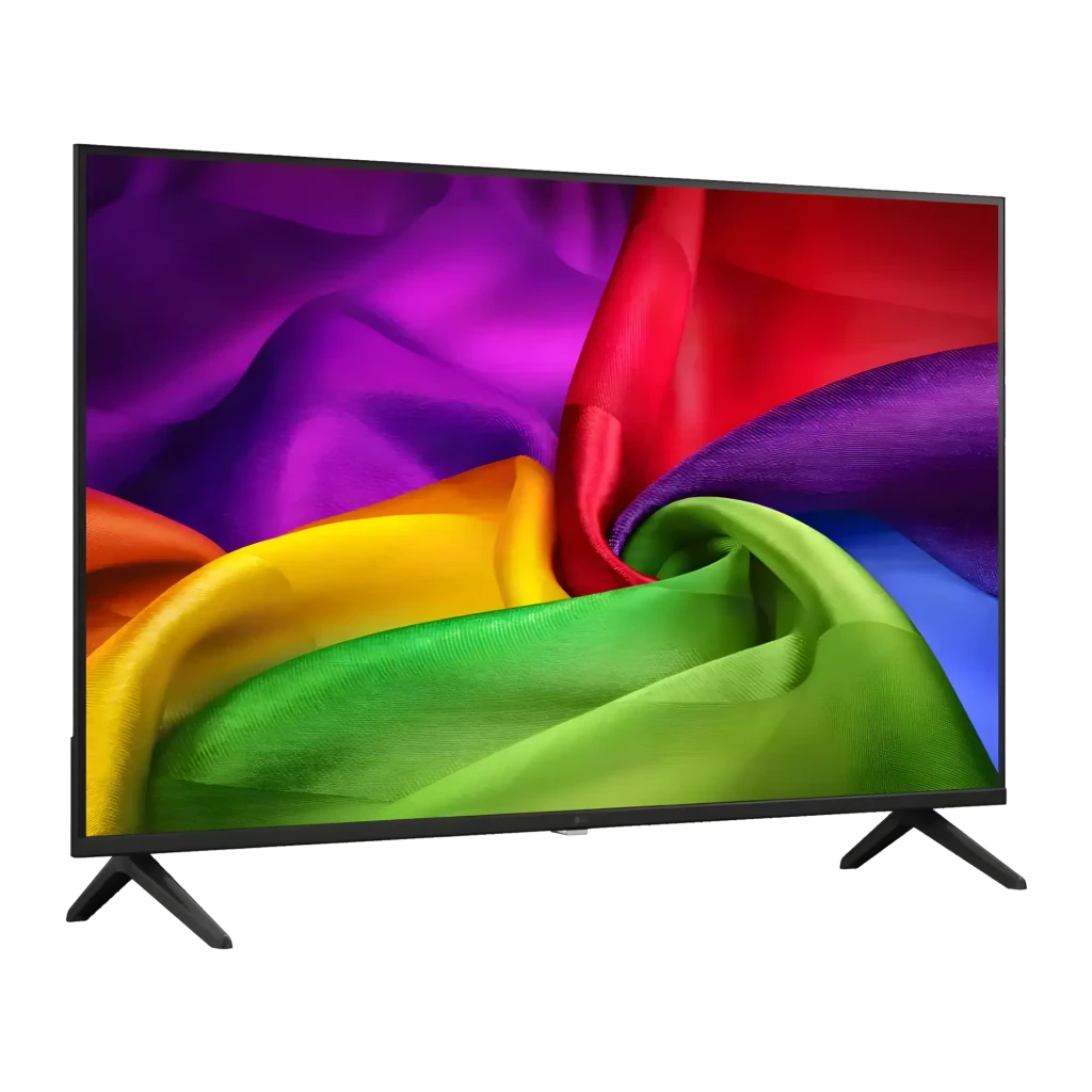 TV LG 43 pulgadas NanoCell LED 4K WebOS 26 Negro 43NU800B3LC, vista lateral: pantalla con telas de colores vibrantes y pies