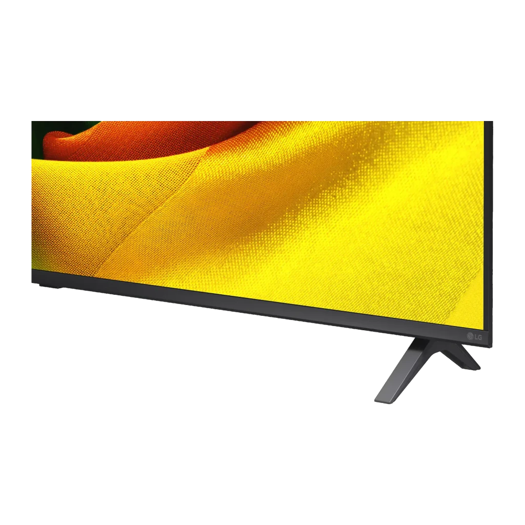 TV LG 43 pulgadas NanoCell LED 4K WebOS 26 Negro 43NU800B3LC, vista lateral: pantalla encendida con imagen vibrante amarilla