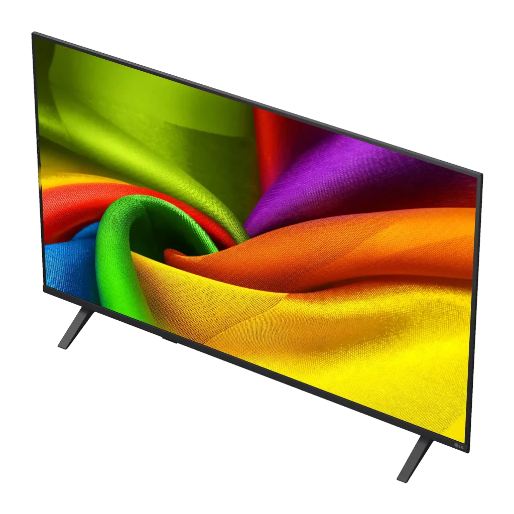 TV LG 43 pulgadas NanoCell LED 4K WebOS 26 Negro 43NU800B3LC, vista en ángulo: pantalla con imagen de telas multicolor