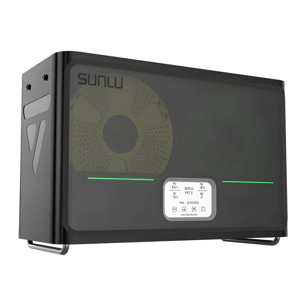 Séchoir à filament Sunlu FilaDryer S4 Blanc PTC 350W, vue avant en angle: couvercle transparent avec bobine visible, écran