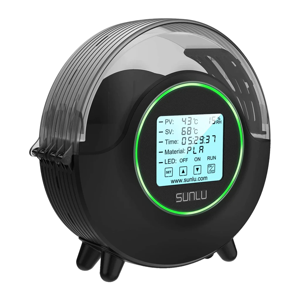 Séchoir à filament SUNLU FilaDryer S2 Noir Circulation 360° PLA, PETG, ABS, PA, PC, TPU, vue avant en angle: écran LCD