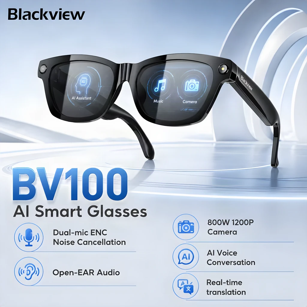 Gafas Blackview BV100 Photochromic negras con montura robusta, lentes fotocromáticas, cámara 8 MP en la patilla y audio abierto estéreo integrados - Ítem3