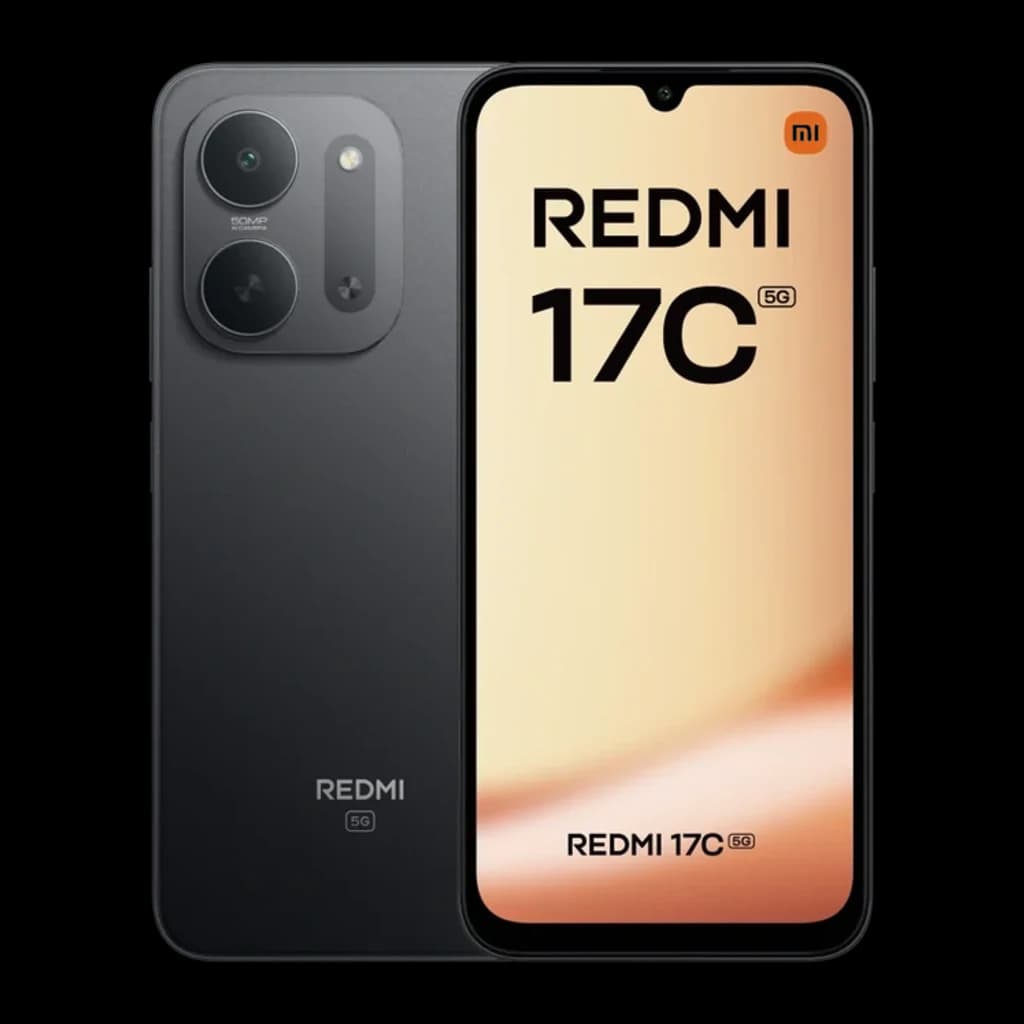 Smartphone Xiaomi Redmi 17C 5G noir, écran 6,9 pouces à encoche goutte, double module photo arrière avec flash, logo 5G, finition mate élégante