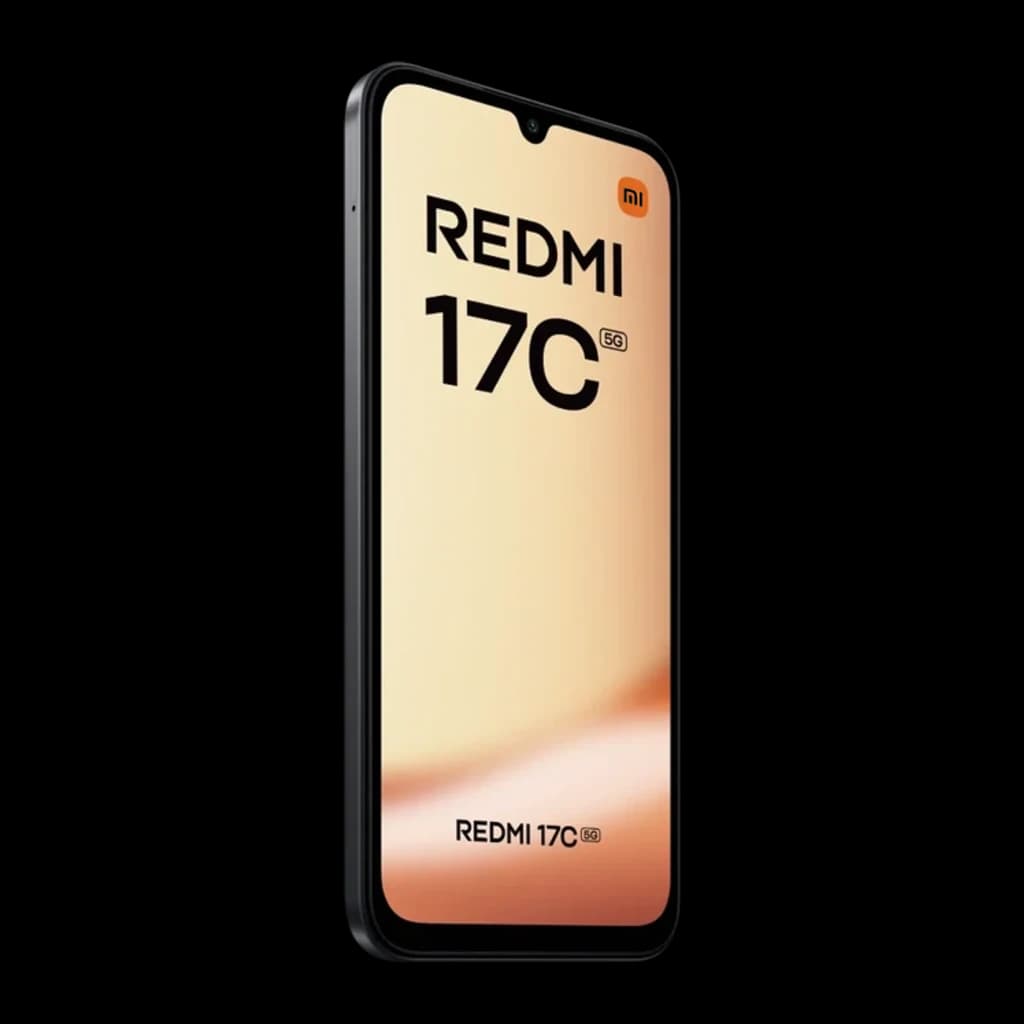 Smartphone noir Redmi 17C 5G avec grand écran 6,9 pouces à encoche goutte, bordures fines et finition mate élégante, logo REDMI 17C visible en façade