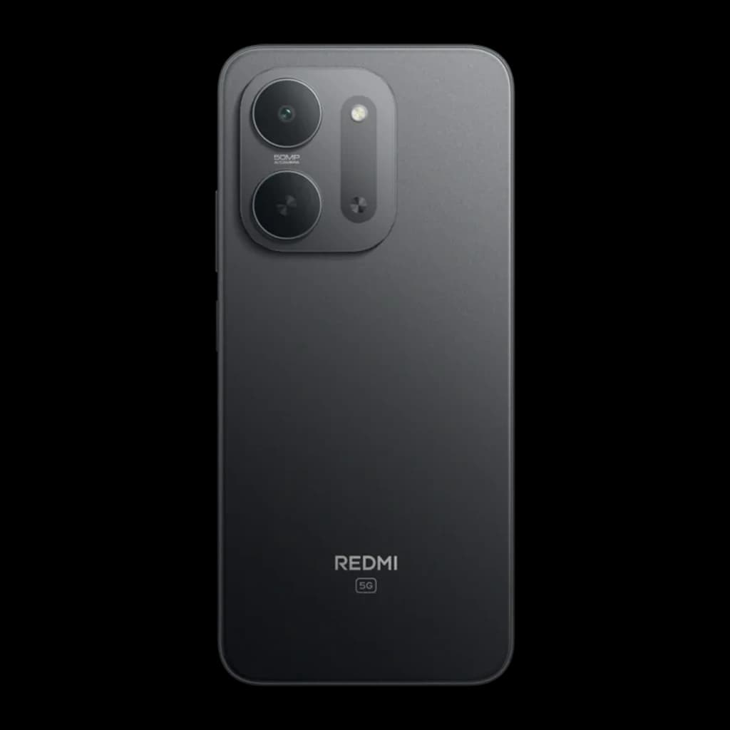 Dos du Xiaomi Redmi 17C 5G noir mat, module photo rectangulaire avec deux grands objectifs et flash, logo Redmi 5G centré en bas, bords arrondis