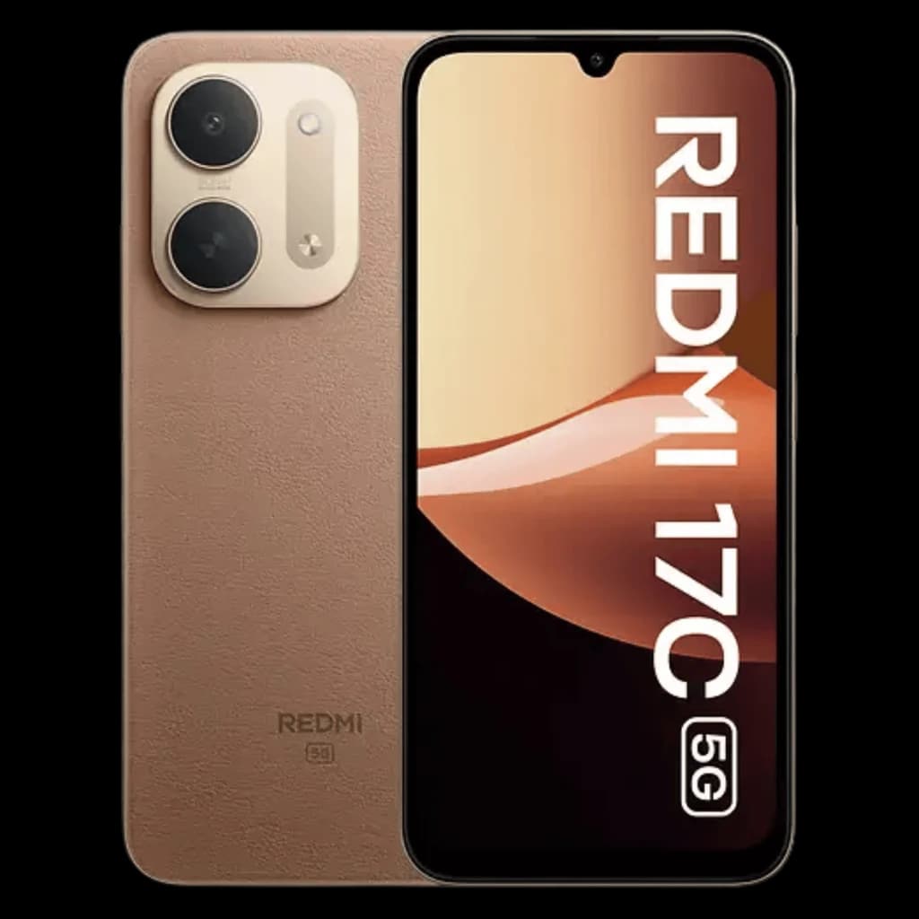 Xiaomi Redmi 17C 5G castanho com traseira texturizada, módulo duplo de câmeras e tela de 6,9 polegadas; bateria 6000mAh e 4GB/128GB