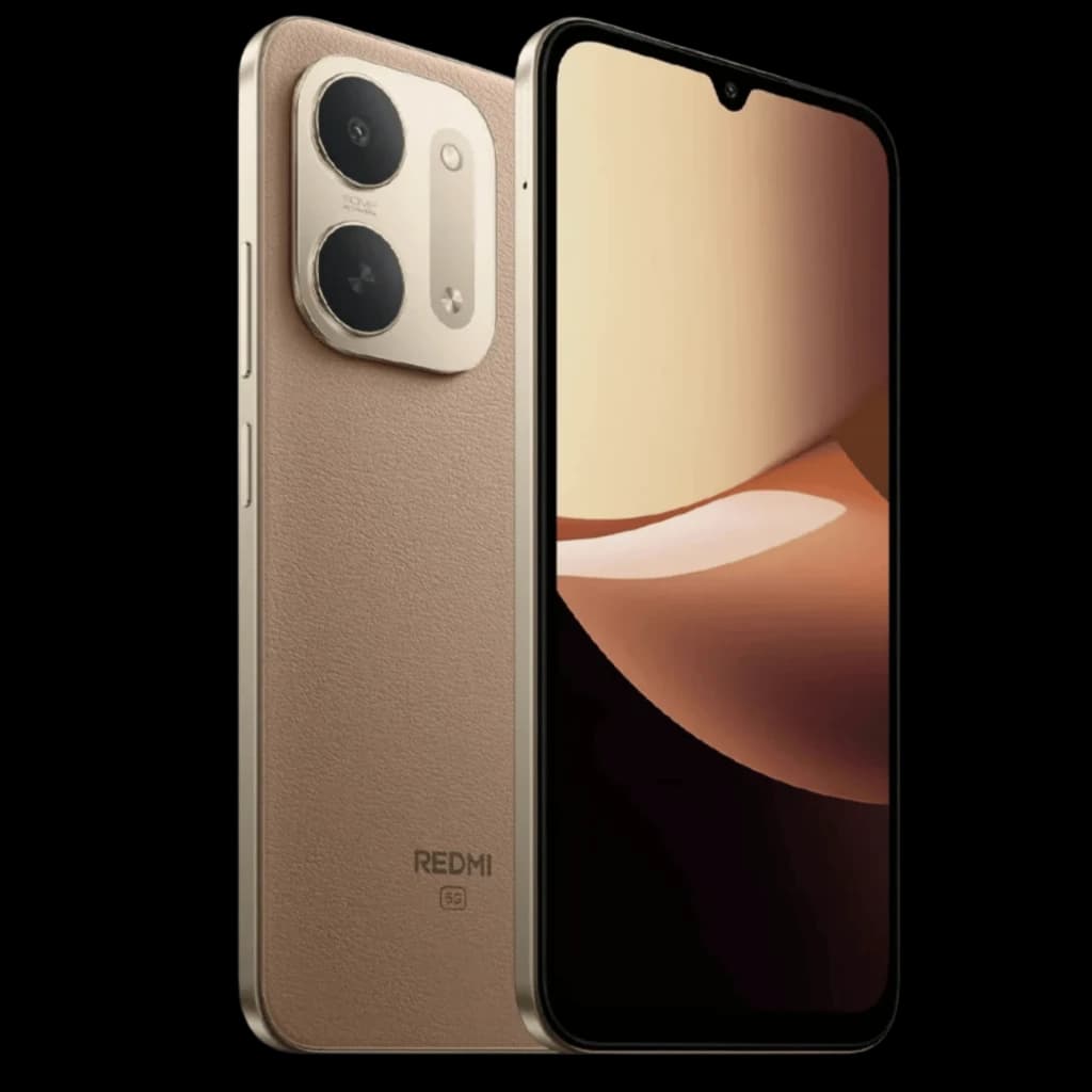 Xiaomi Redmi 17C 5G castanho com traseira texturizada, módulo de câmera dupla com flash, tela 6,9 polegadas com notch em gota e bordas finas