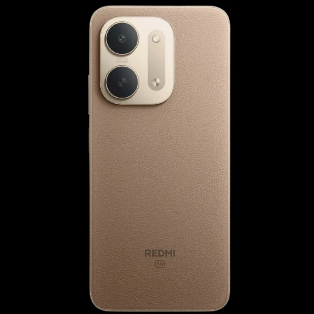 Xiaomi Redmi 17C 5G castanho com traseira em textura couro, módulo de câmera dourado com duas lentes grandes e flash, logo Redmi 5G discreto na base