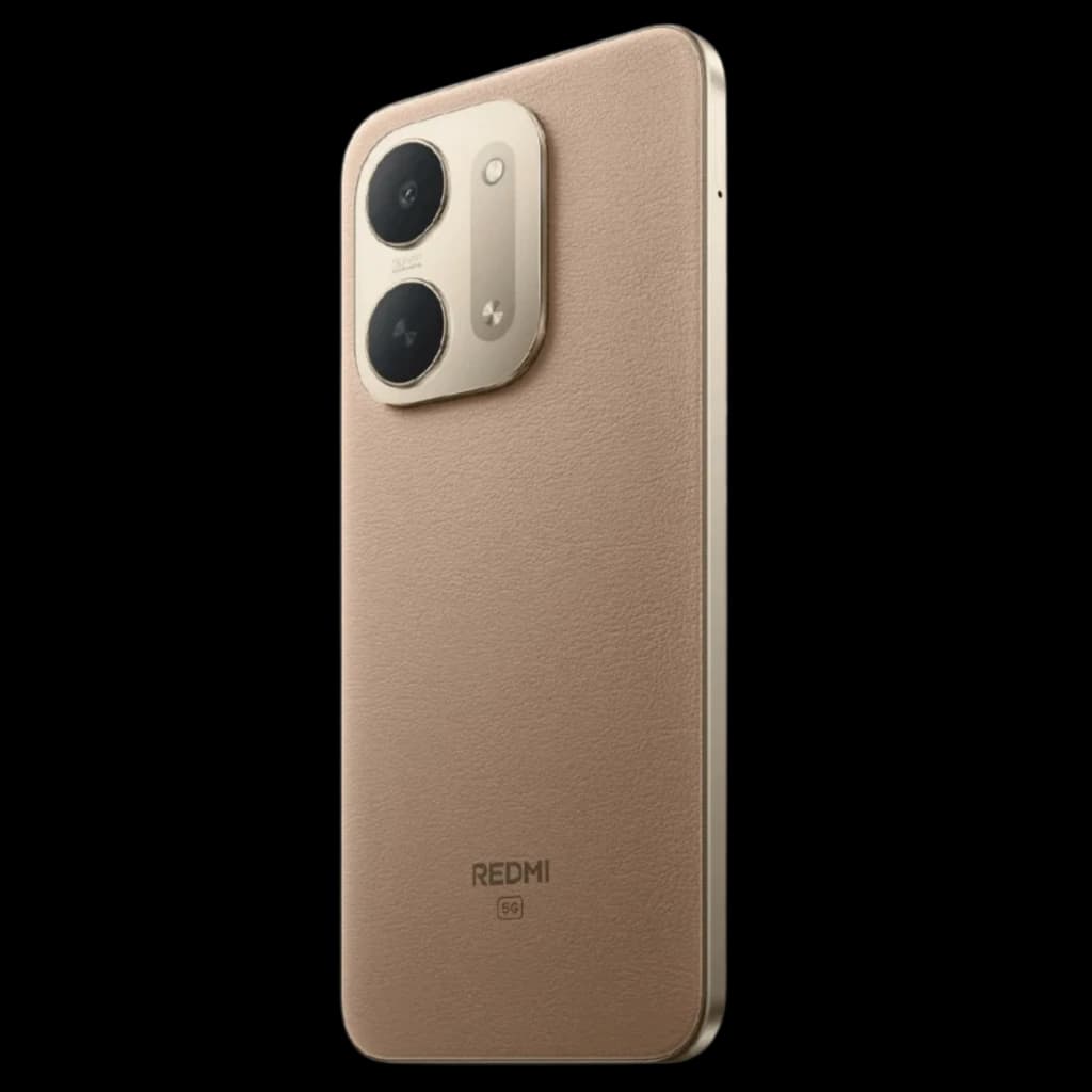 Xiaomi Redmi 17C 5G castanho com traseira texturizada, módulo de câmera dupla com aro metálico, acabamento premium e logo REDMI na parte inferior