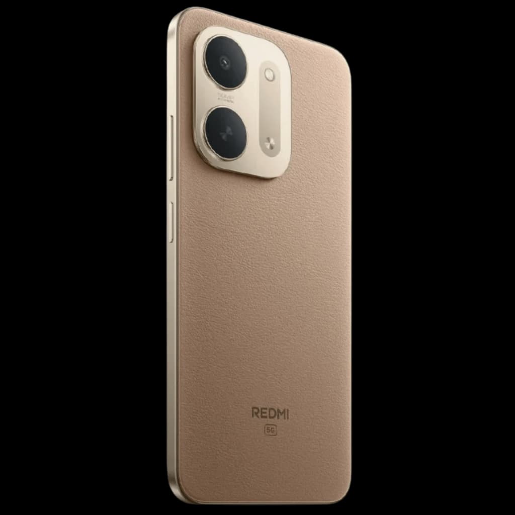 Xiaomi Redmi 17C 5G castanho com traseira texturizada, módulo de câmera dupla grande e bordas douradas; design elegante e robusto de 6,9 polegadas